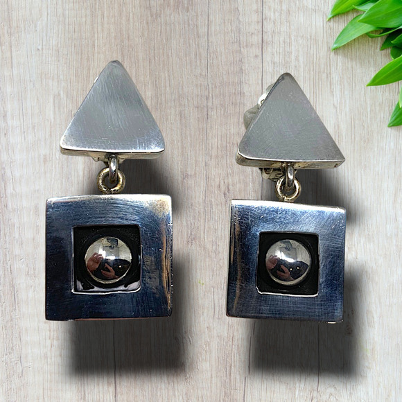 Vintage 1980's Modernist Dangle Geometric Chunky Earrings Clip On Avant Garde - Picture 1 of 6